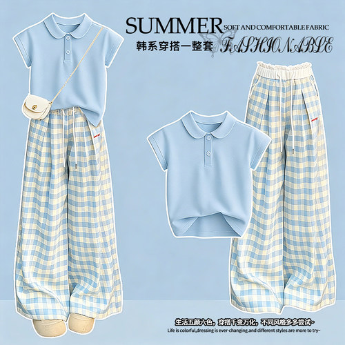 女童夏季学院风Polo领格子裤套装