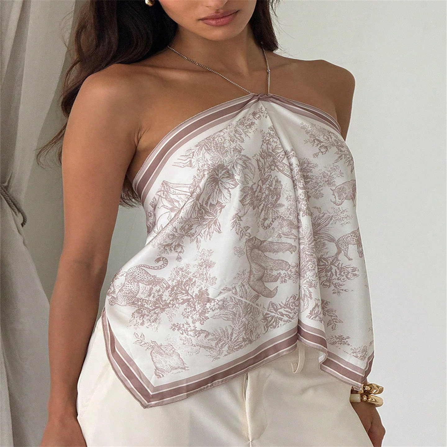 Halter Scarf Top Toile Print 法式挂脖印花方巾无袖上衣性感