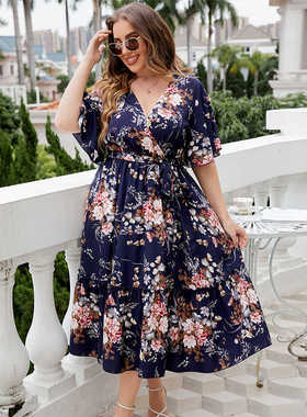 V-neck navy blue print plus-size dress大码胖MM高腰印花连衣裙