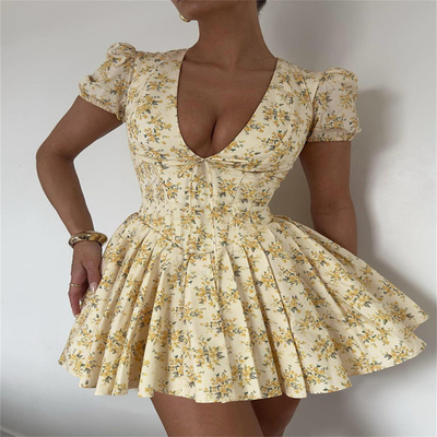 V Neck Puff Sleeve Floral  A LineDress 深V泡泡袖碎花收腰短裙