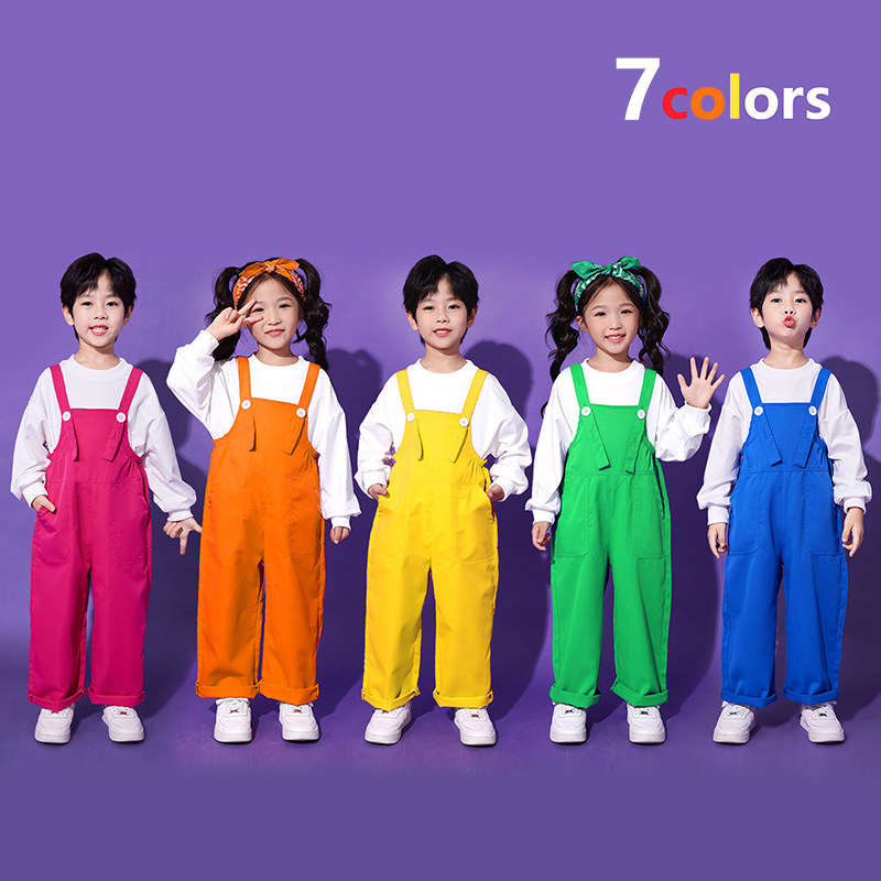 儿童啦啦队演出服小学生大合唱服装团体舞蹈服幼儿园表演服背带裤