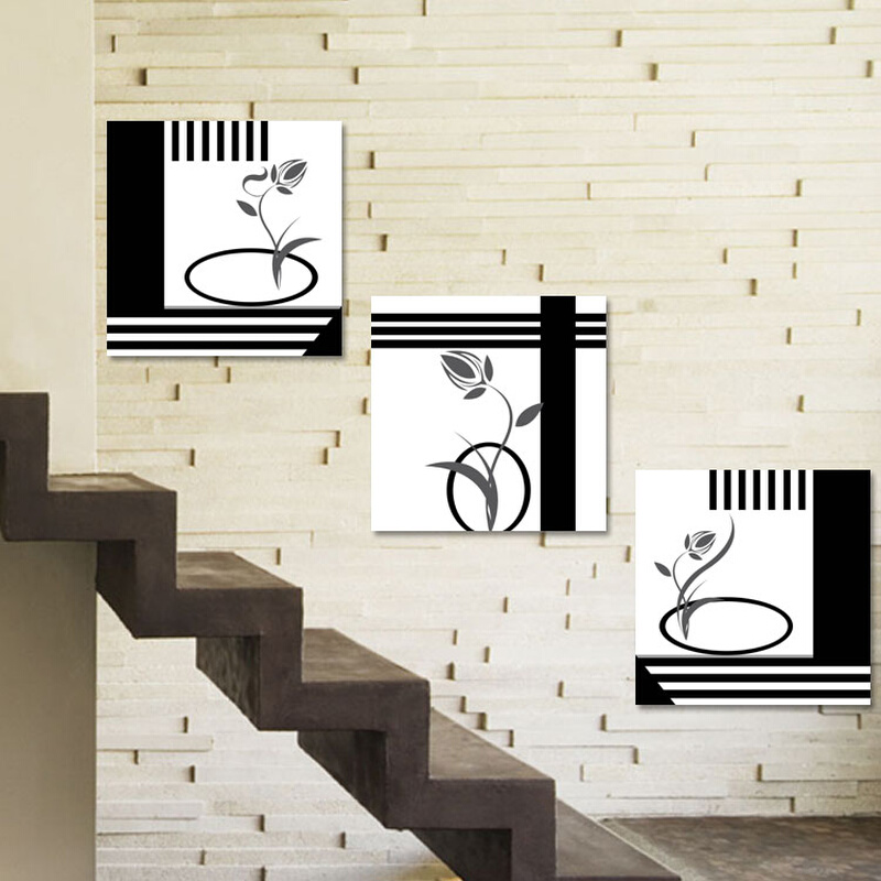 抽象黑白发财树装饰画三联楼梯间组合挂画现代简约过道餐厅壁画图片