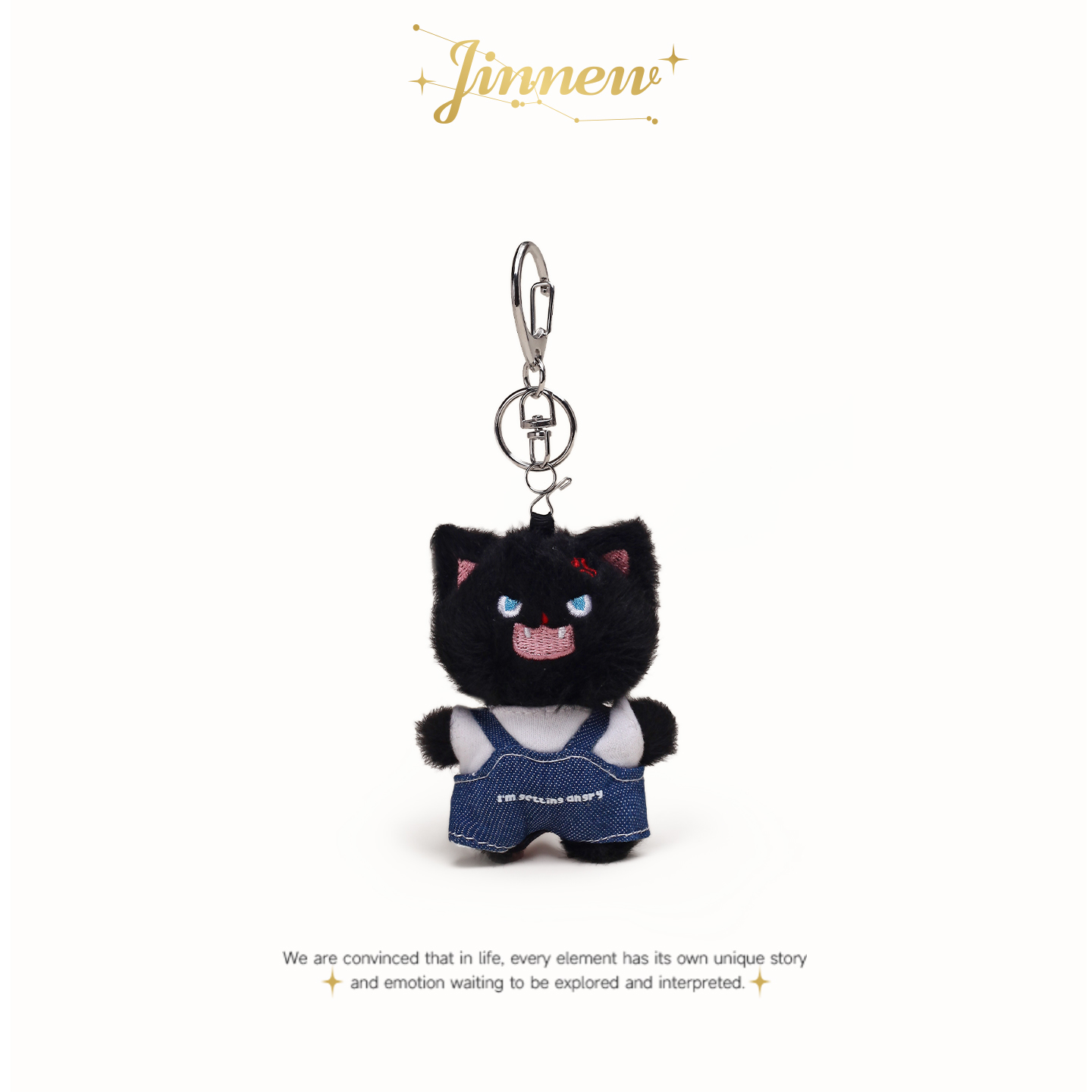 Jinnew原创可爱黑色炸毛小猫牛仔背带裤猫咪情侣书包包挂件钥匙扣