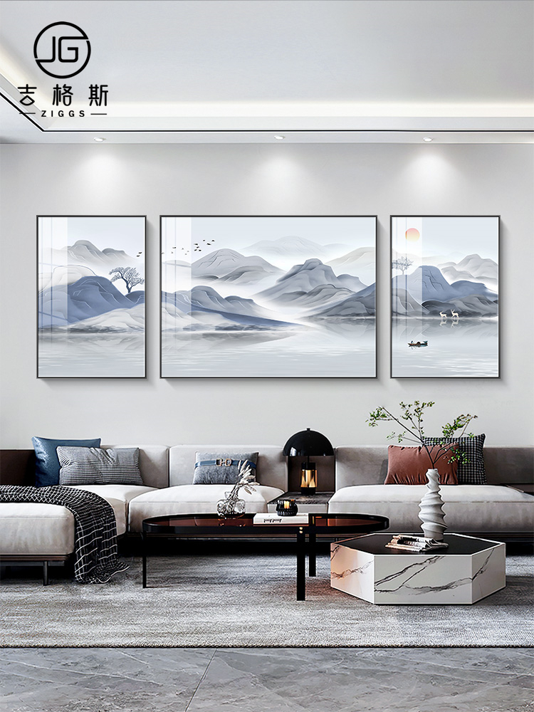 客厅装饰画山水画挂画大气高端沙发背景墙壁画现代简约家庭三联画图片