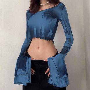 neck womens flared transparent pullover long casual round