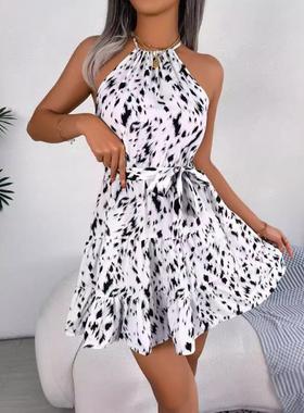 Casual leopard print ruffled halter neck dress for women