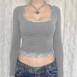 square neck navel baring lace clothing stitching womens