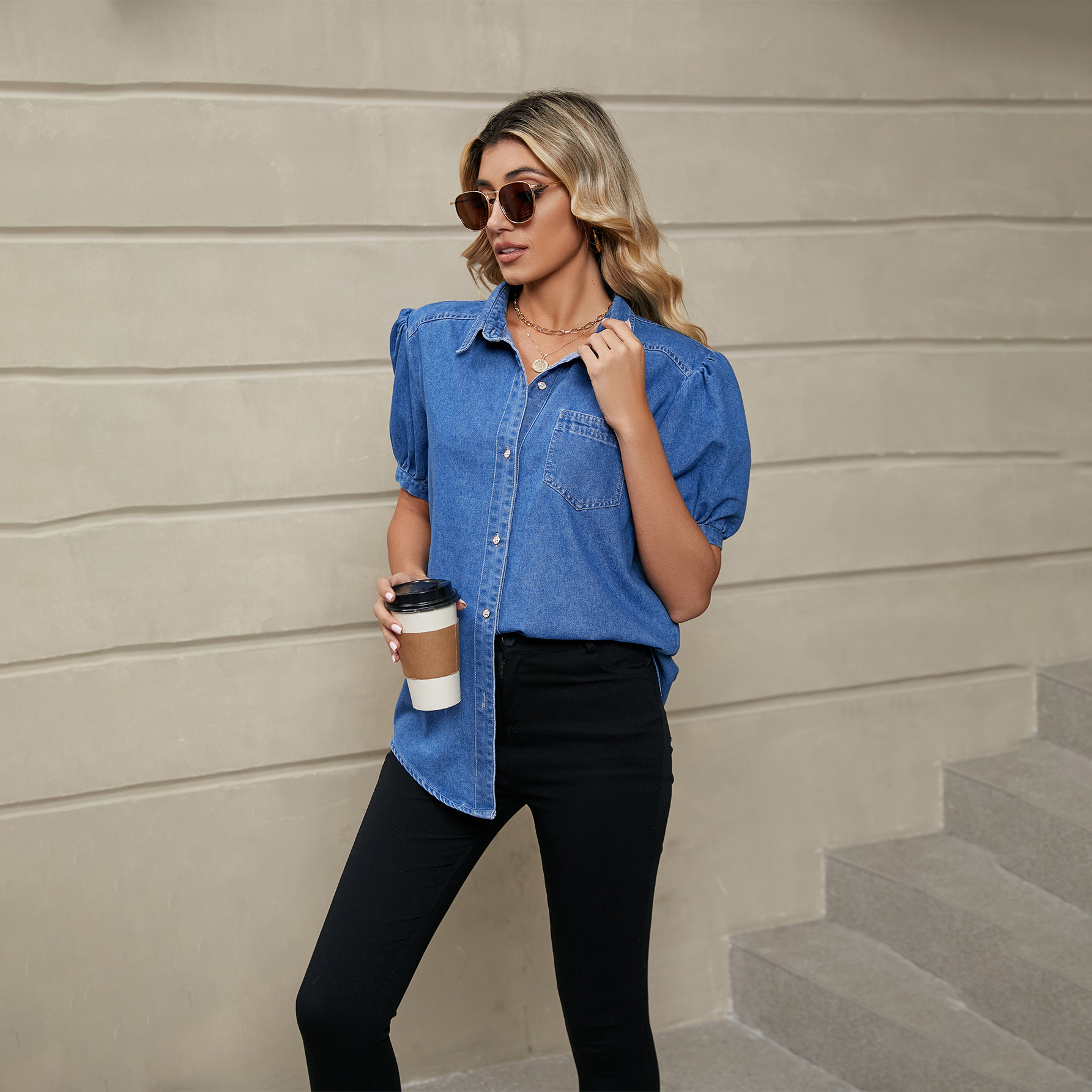 Versatile Princess Sleeve Lapel Thin Denim Shirt Casual Top