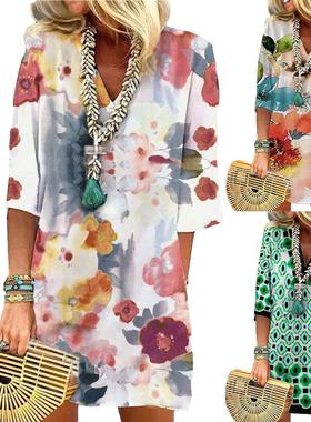 Elbow Sleeve Watercolor Flower Pocket Dress