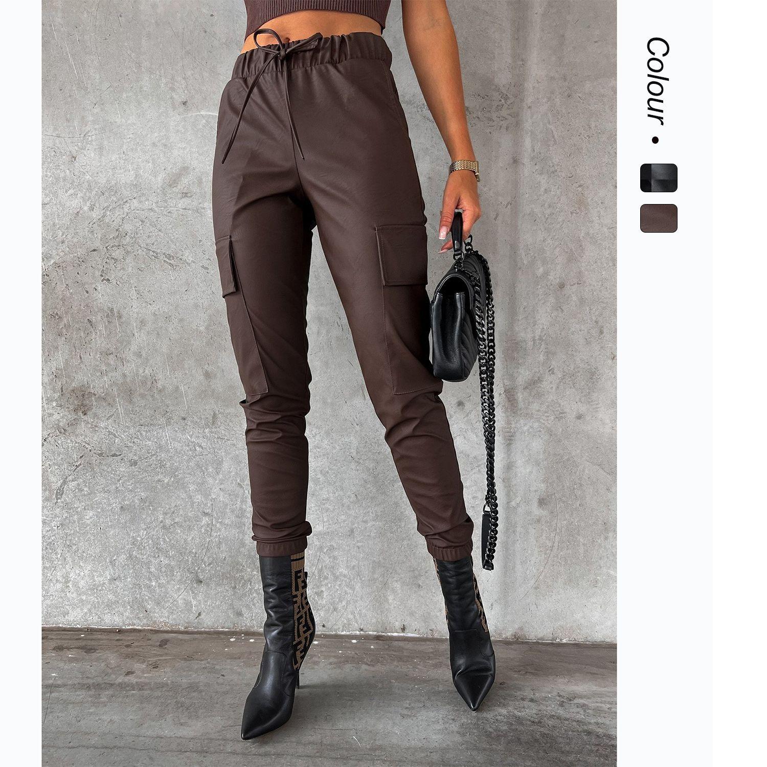 Waist Street Style Drawstring Leather Pants