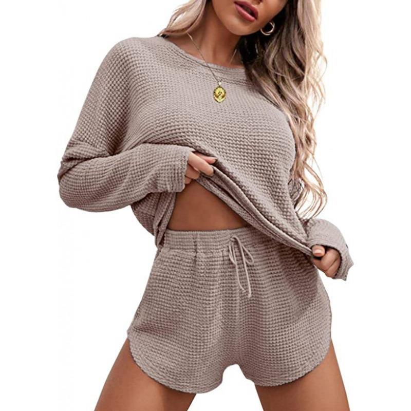 Womens loungewear waffle activewear sleeve knit and set
