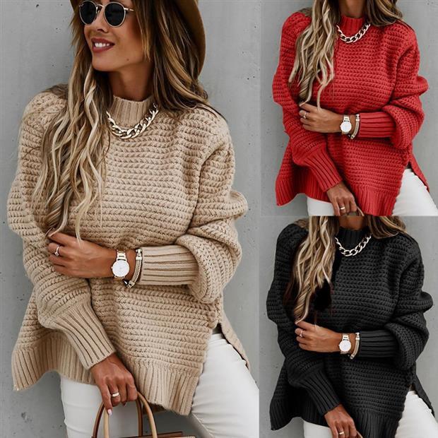 Ladies half turtleneck solid color side slit knitted sweater
