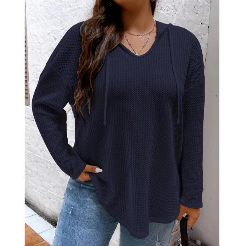 Sweatshirt Women Shoulder Loose Waffle Drop for Knit Casual