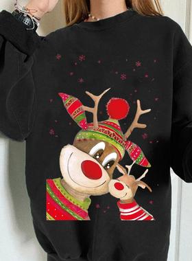 Christmas Two Elks Drop Shoulder Sleeve Round Neck