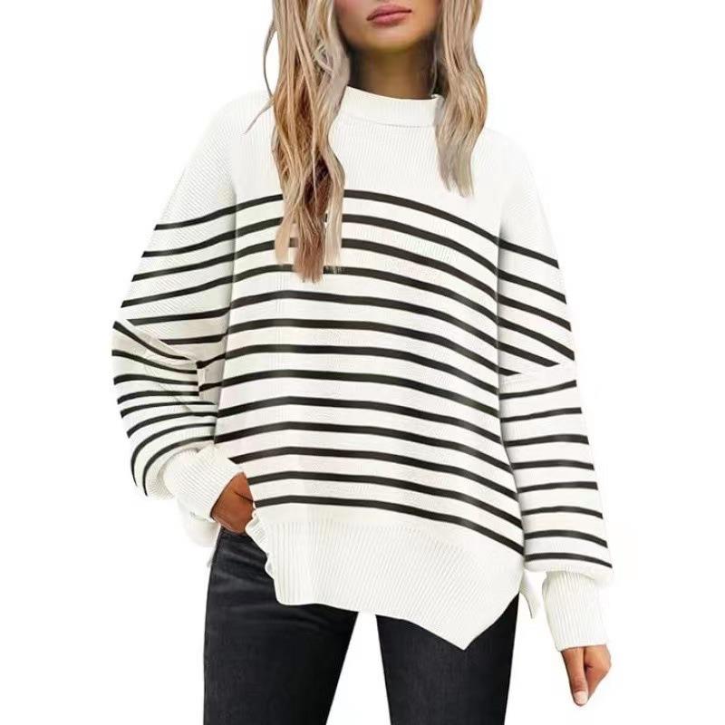 Side Crew Batwing Sleeve Knit Neck Pullover Womens Long