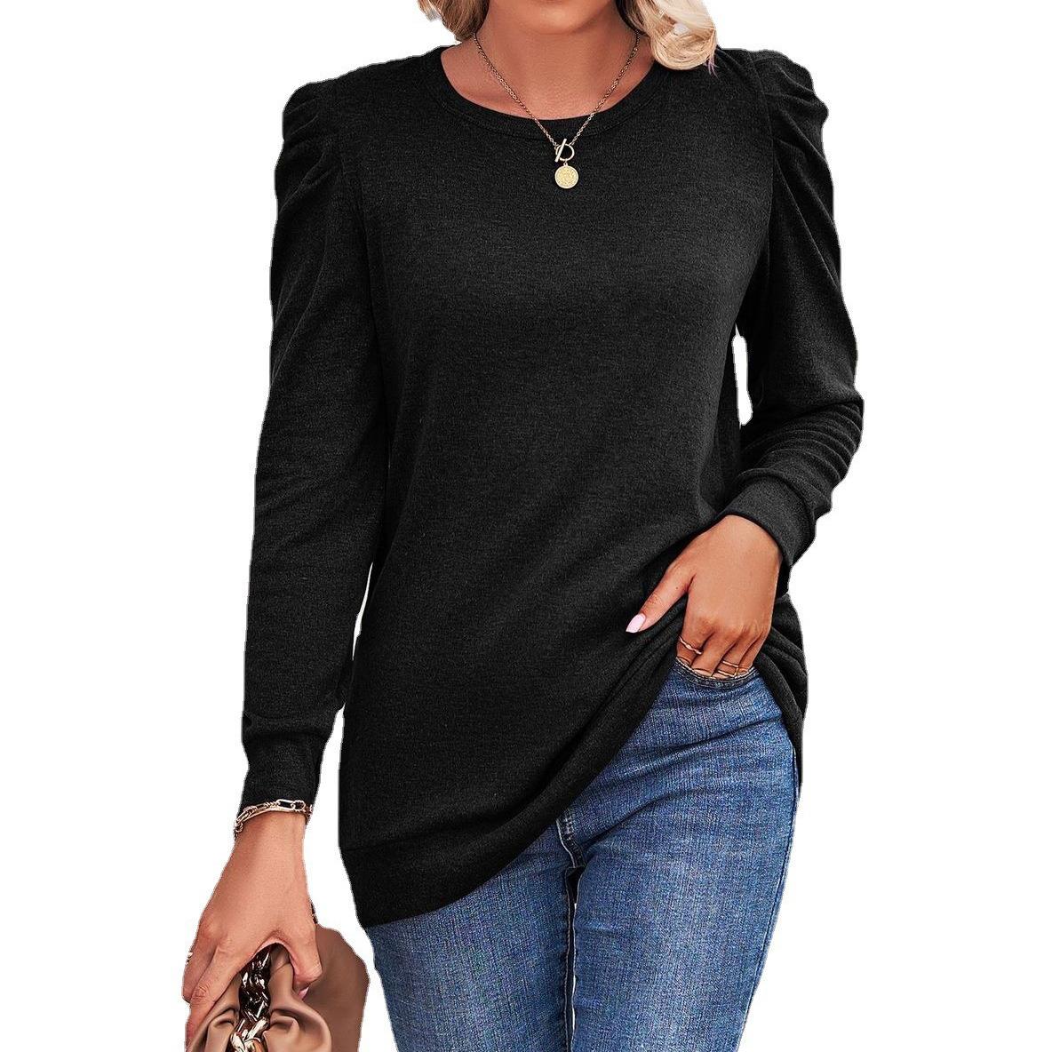 Loose round neck pleated long sleeve solid color T-shirt