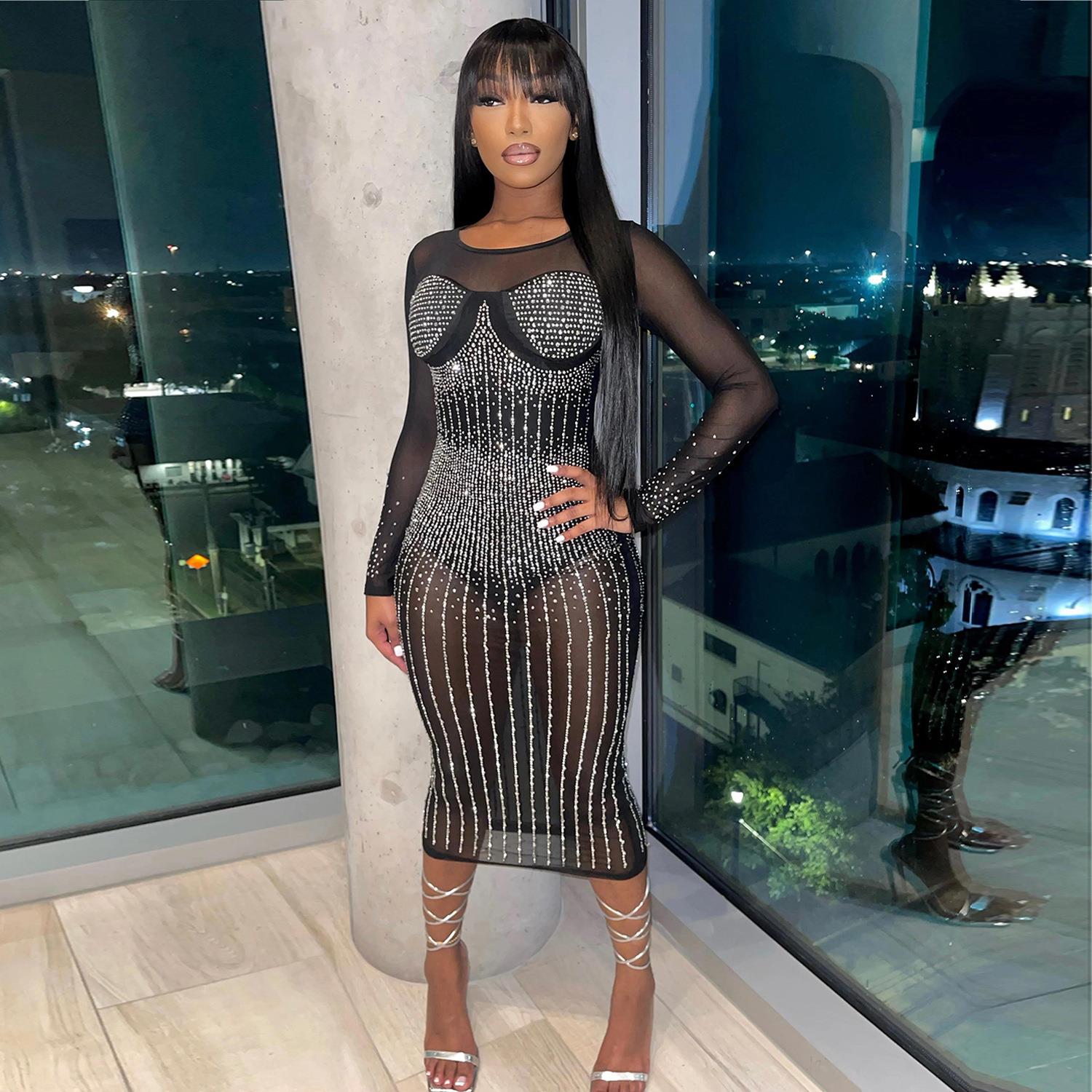 Women's Sexy Mesh Rhinestone Bodysuit Long Sleeve Dress