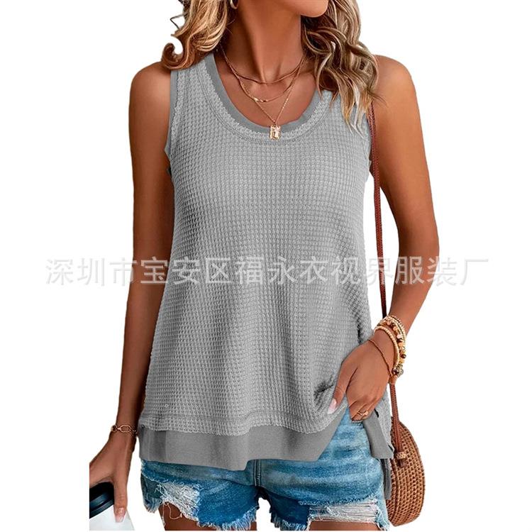 Sleeveless Top Round Waffle Knit Loose Paneled Vest Womens