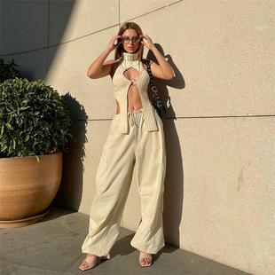 legged low wide solid color casual pants waist