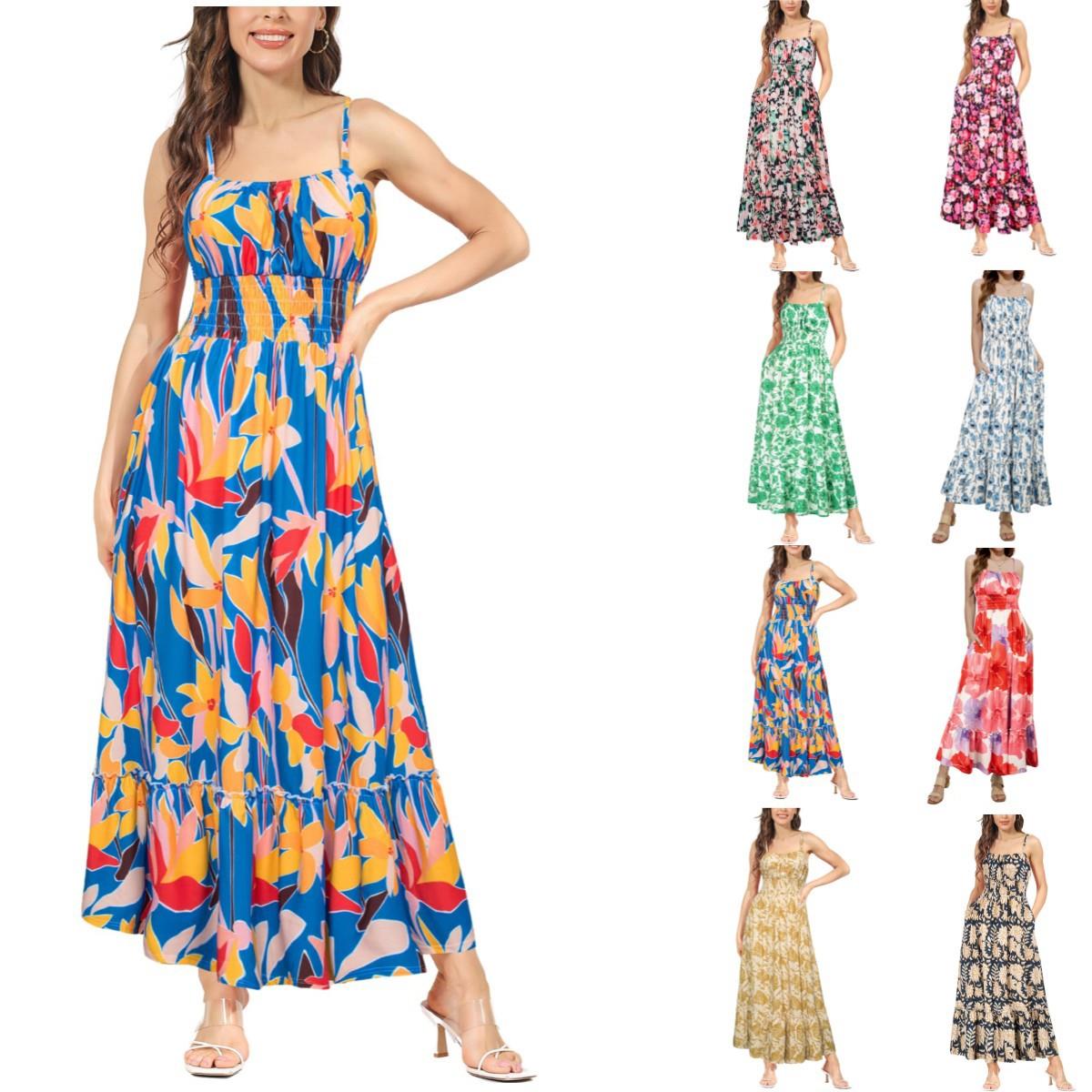 Pockets with Dress Maxi Beach Pleated Gathered Strap