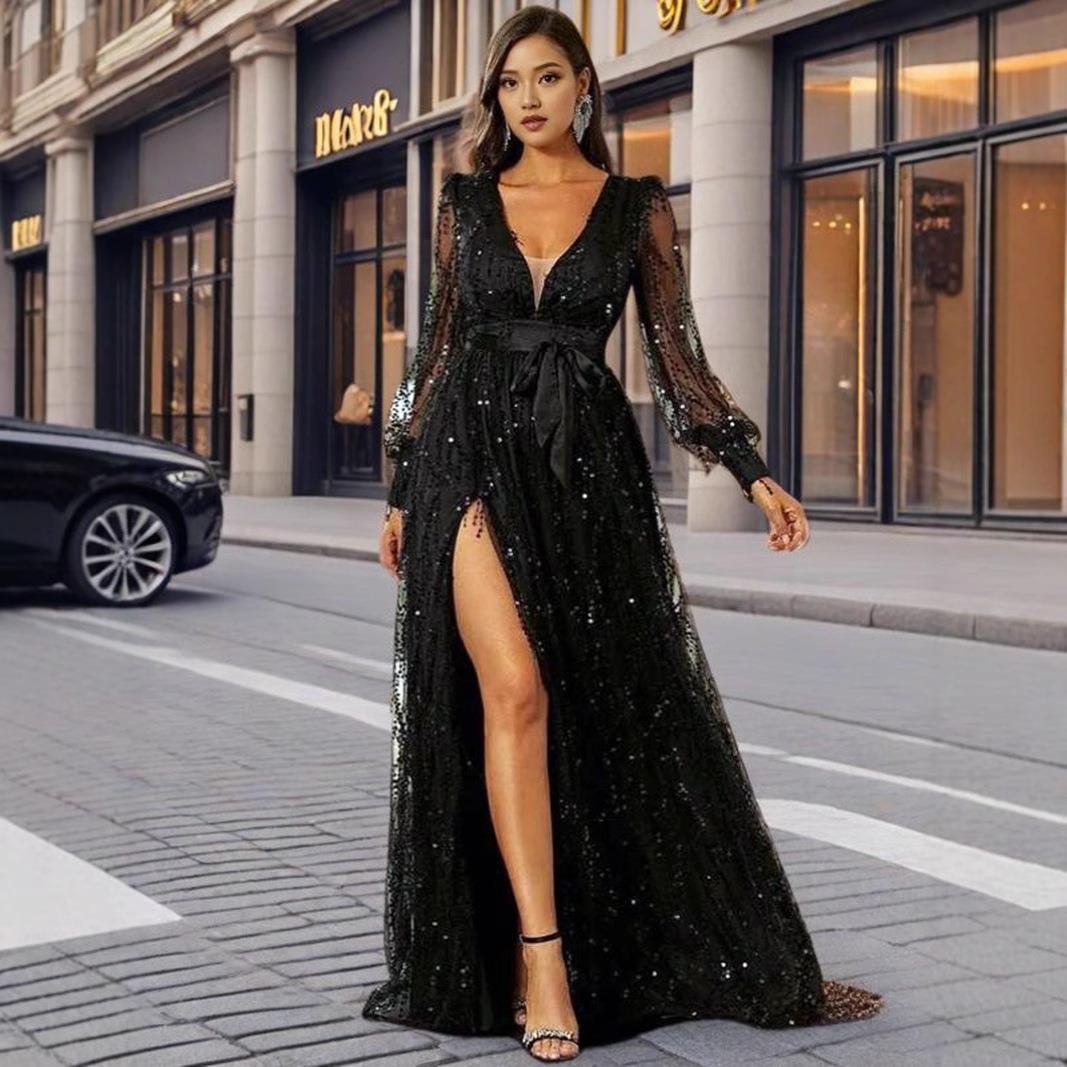 Womens mesh sequined long swing banquet evening dress