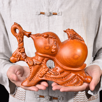 速发花梨木雕葫芦摆金根雕实木质雕刻件蟾福禄家居客厅装饰木红工