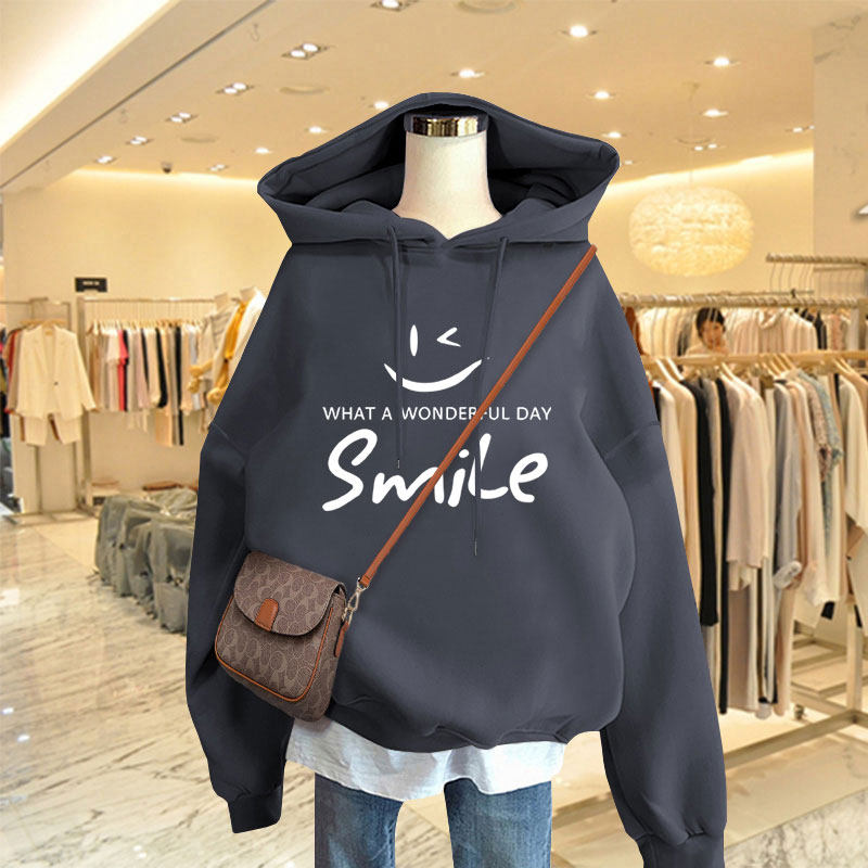 速发深灰色笑脸连帽卫衣春秋薄款2长22新款加绒加厚宽松0中款外套