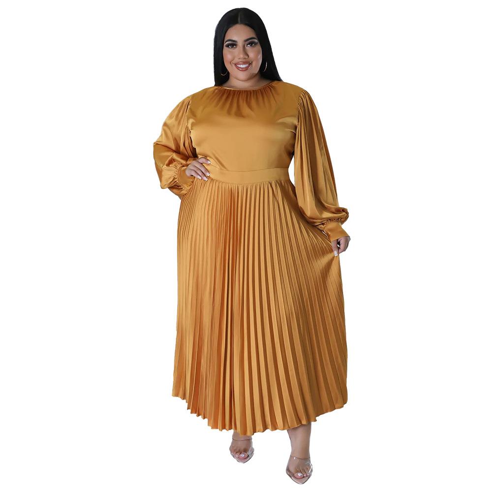 Plus size womens pleated round neck long dress with sleeves