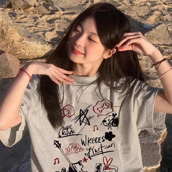 重磅纯棉灰色短袖T恤女2025新款夏季小众宽松韩系ins美式复古上衣