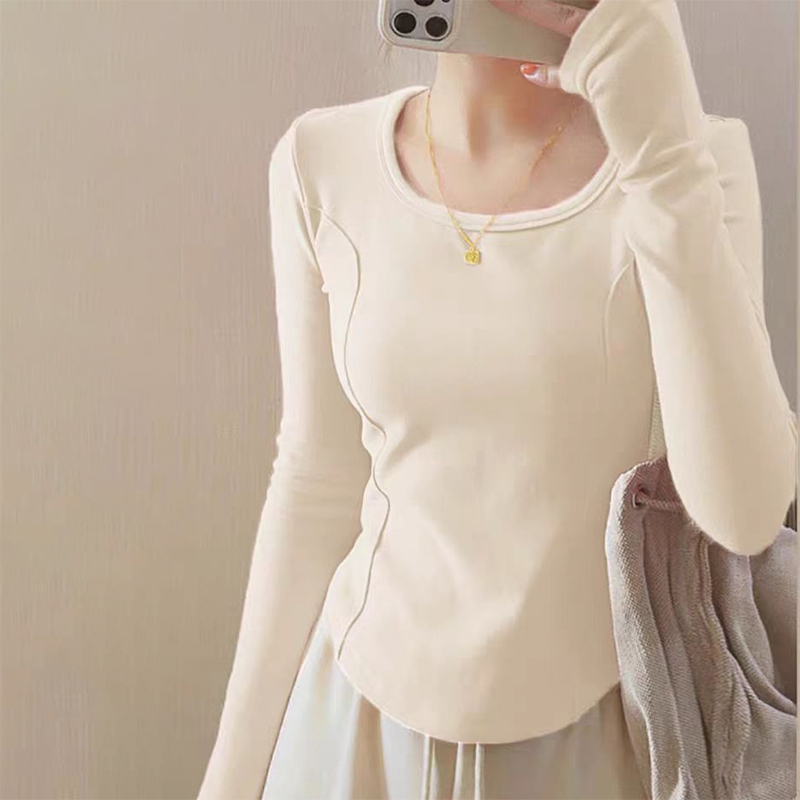 2025新春新款正肩纯棉长袖t恤女不规则设计感小众鱼骨修身上衣潮