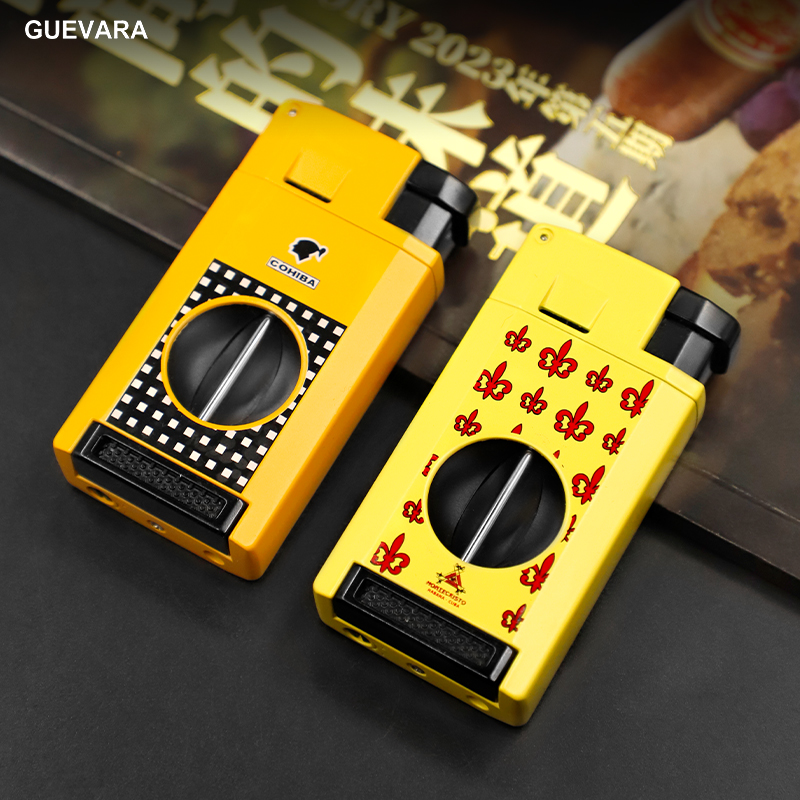 GEUVARA三合一雪茄打火机 V型雪茄剪刀打孔器 金属古巴风格