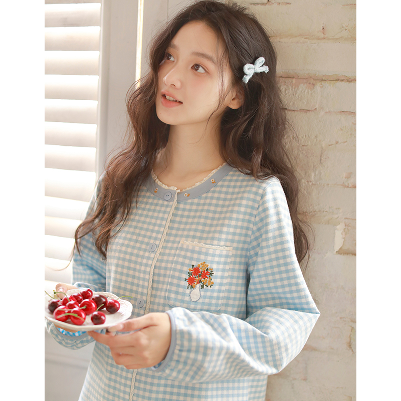 2025新款纯棉磨毛格子睡衣套装