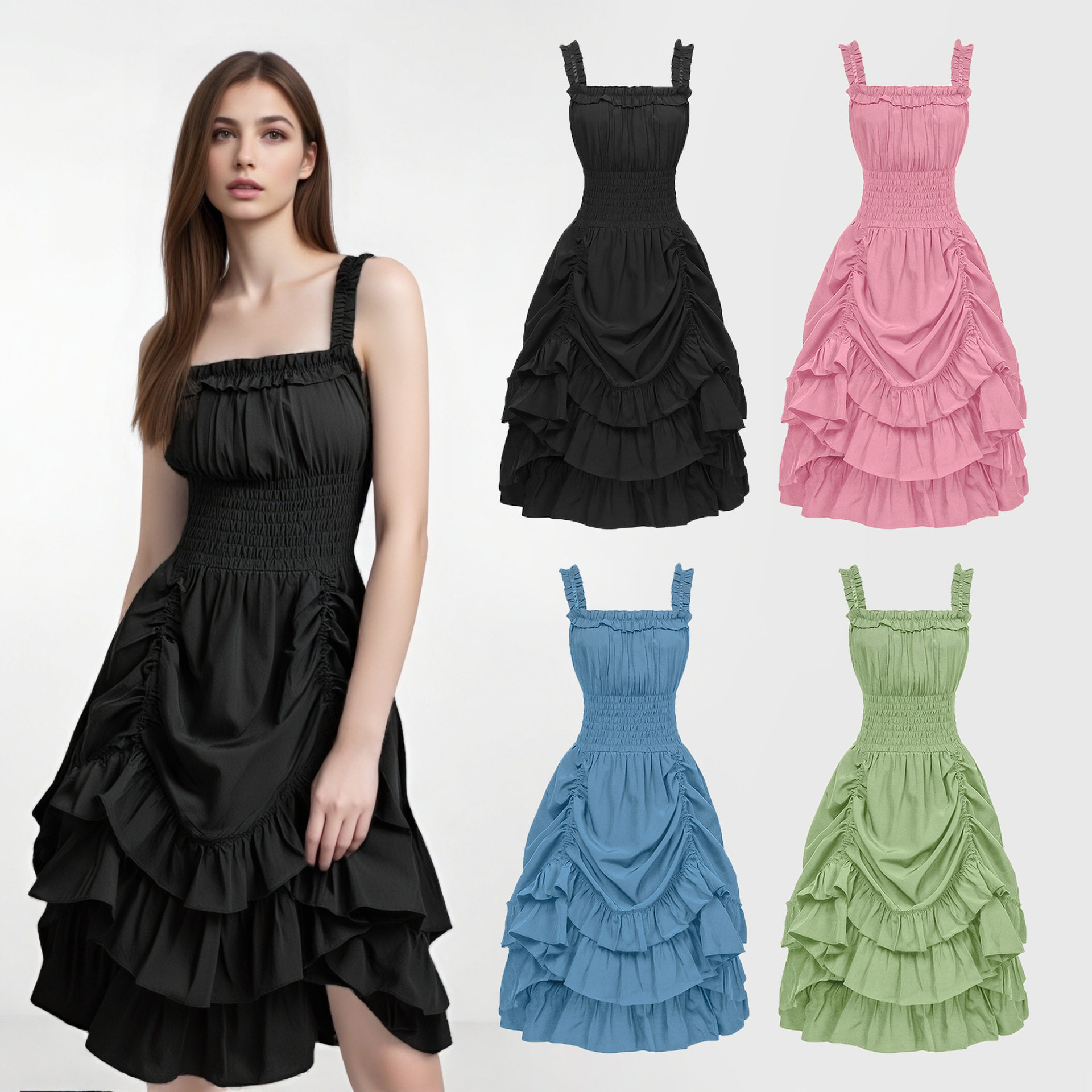 外贸爆款欧美大码蒸汽朋克哥特式维多利亚时代荷叶边连衣裙无袖女