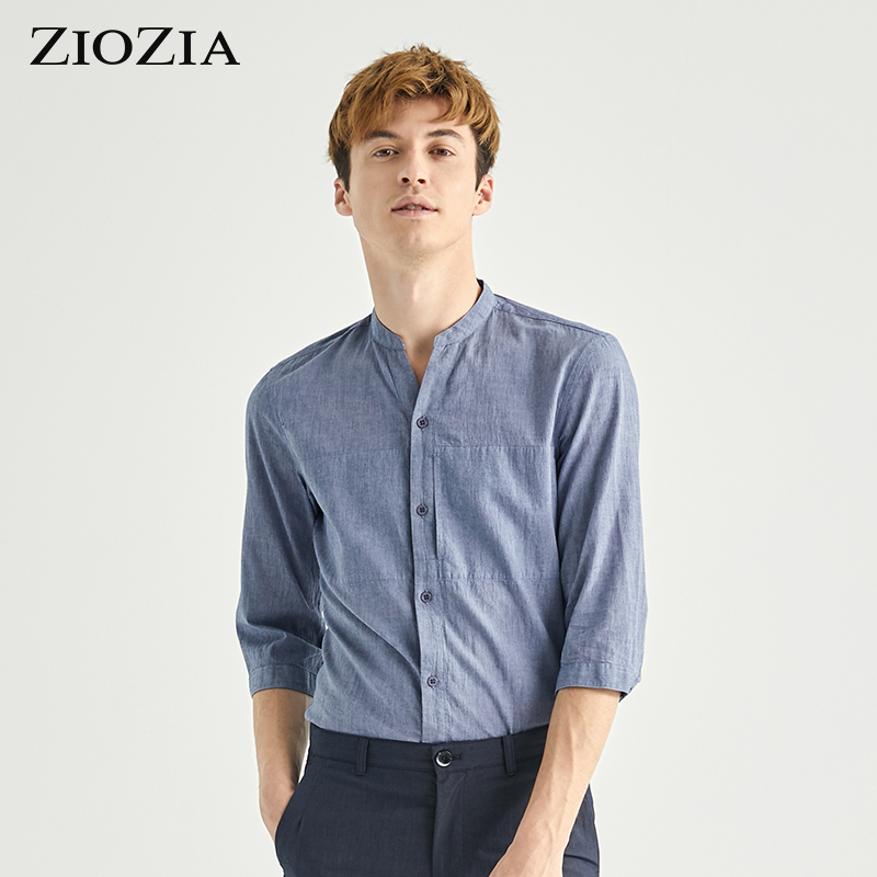 100% 棉   Y领  7分袖休闲衬衫