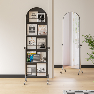 顾得家具收纳书架落地置物架带轮移动书报杂志架全身镜家用穿衣镜