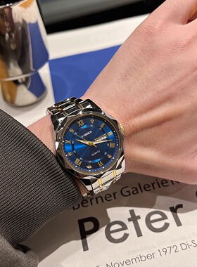 瑞士专柜同款男士手表时尚商务高级感镶钻夜光双日历钢带石英表男