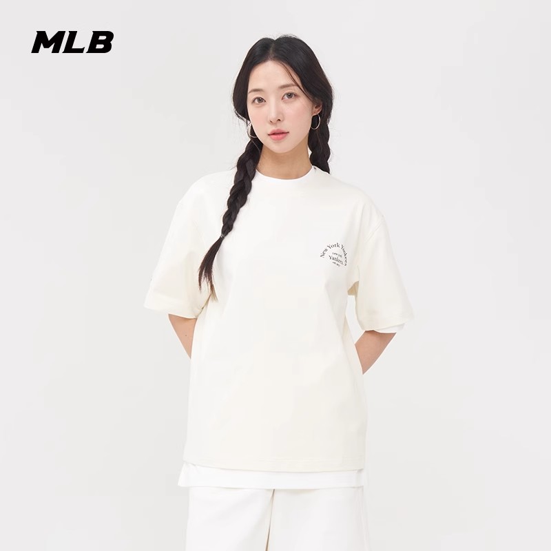 MLB男女情侣纯色宽松短袖圆领T恤