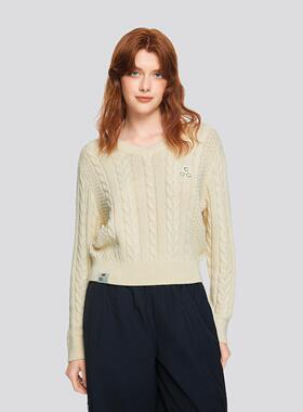 Skechers斯凯奇女士舒适毛织套头卫衣秋冬款V领针织毛衣L424W175