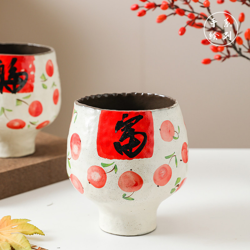 陶瓷花盆新年装饰桌面红色手绘家用中式福字客厅摆件大号中式花器