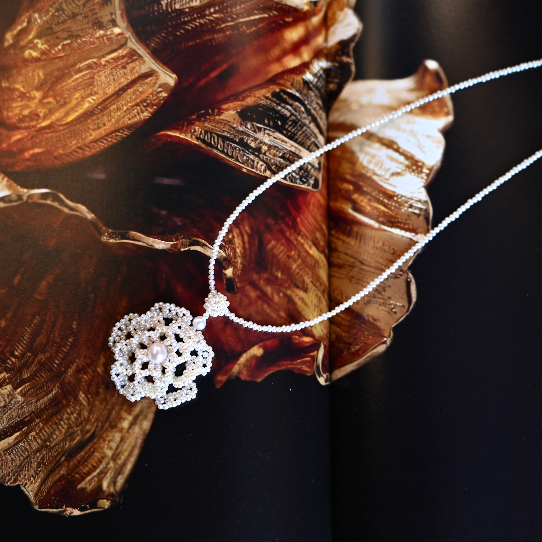 通体纯手工编织天然±2mm无核真珍珠山茶花款项链