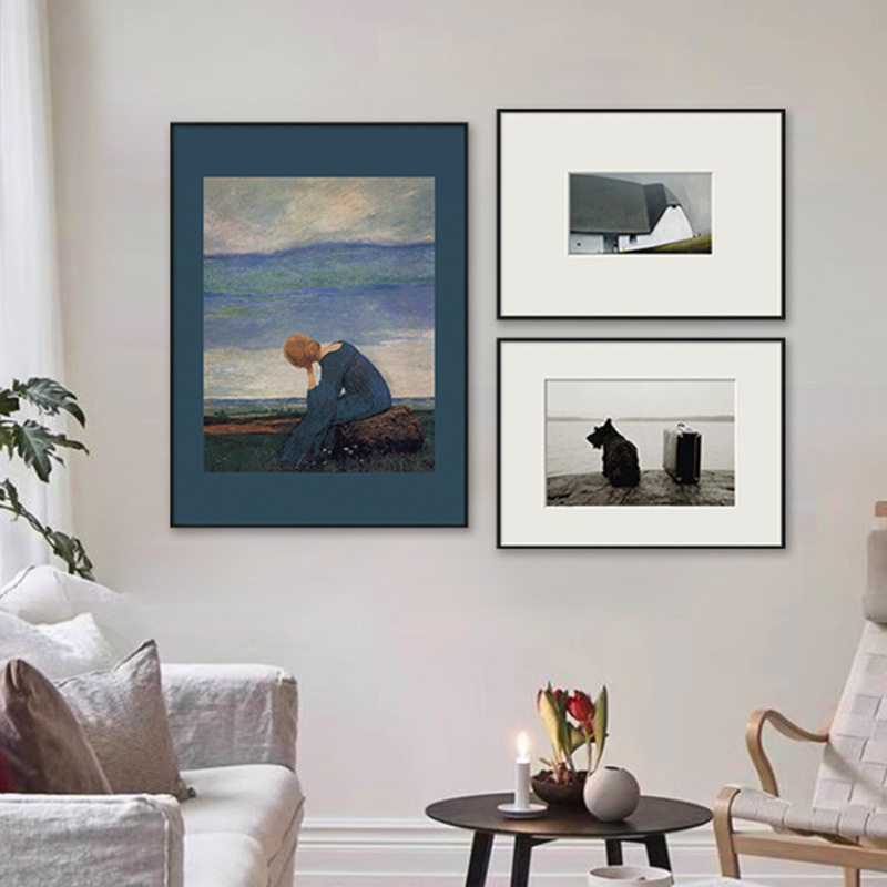 复古蓝调风景组合装饰画欧式小众摆画卧室书房墙面挂画意境狗壁画