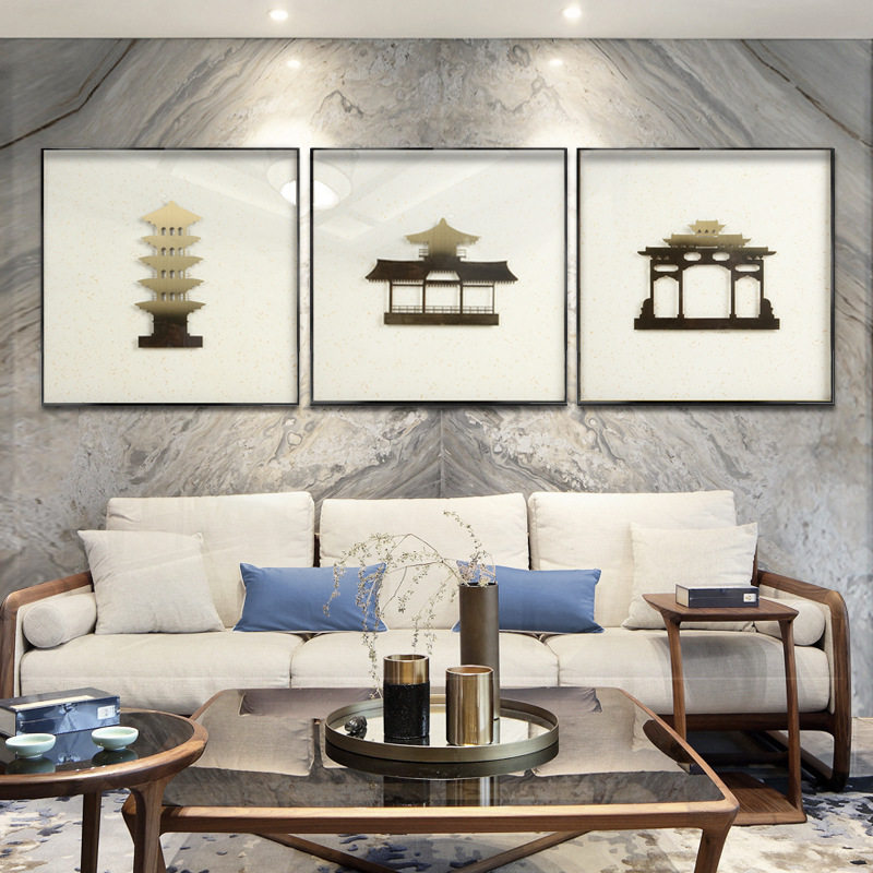 实物画客厅沙发背景装饰画组合画轻奢挂画墙上金属建筑餐厅酒店3D
