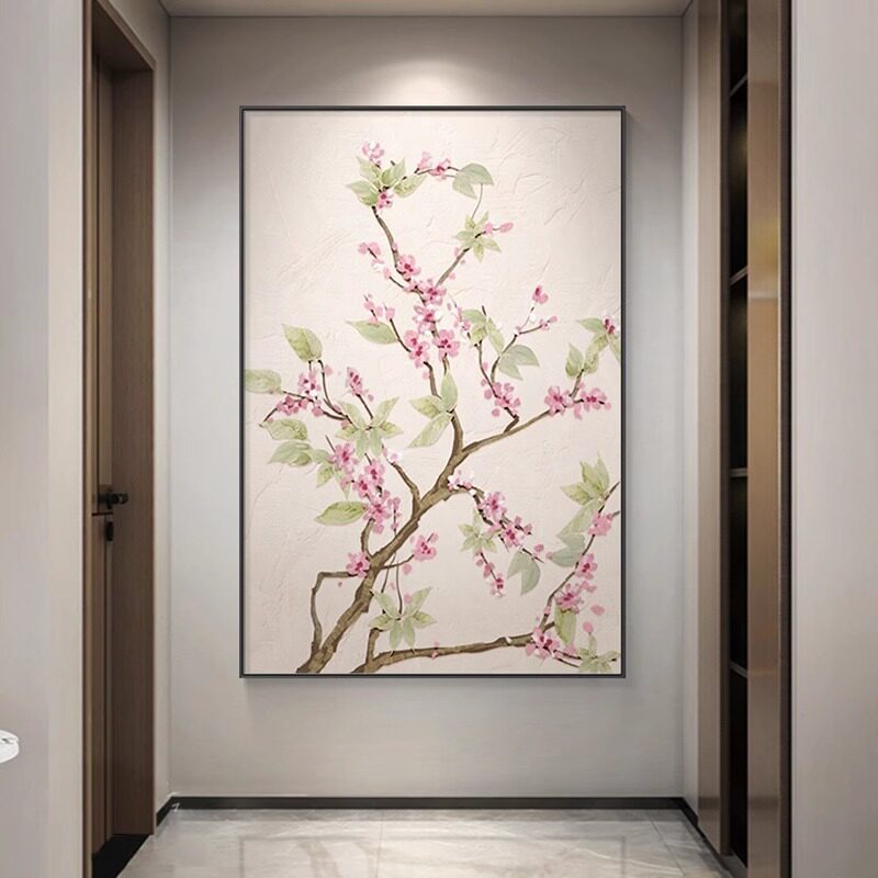 新中式古典桃花玄关装饰画植物花卉客厅挂画中国风竖版背景墙壁画