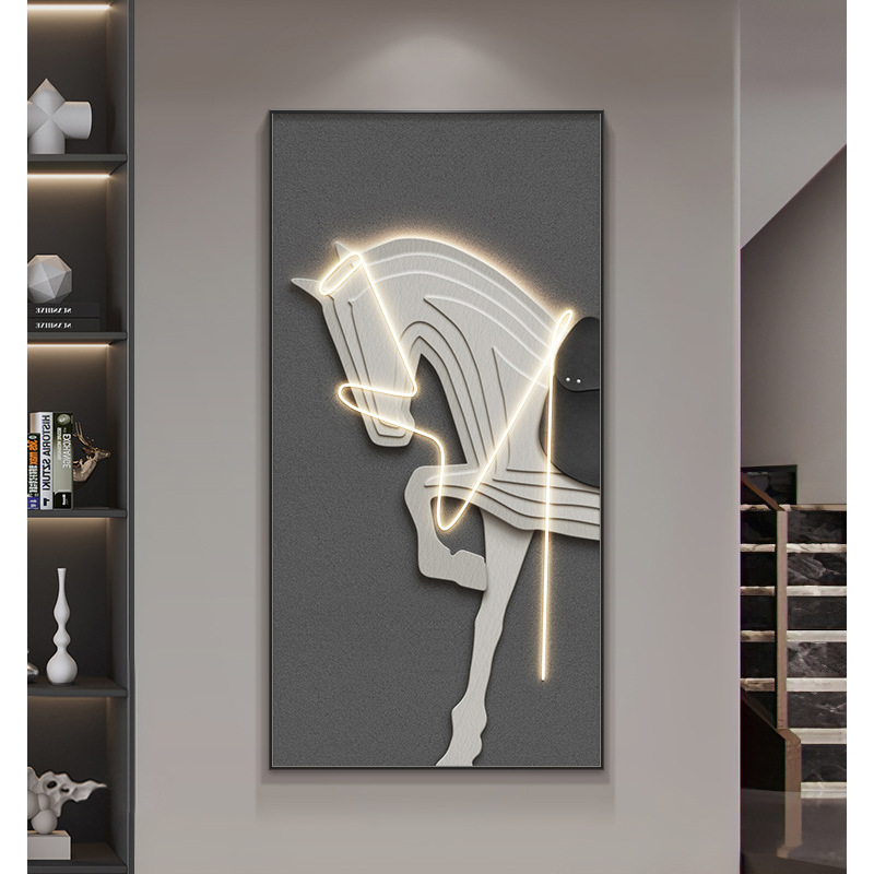 意式极简玄关装饰画led灯画时尚感骏马入户墙面挂画竖版客厅壁画图片