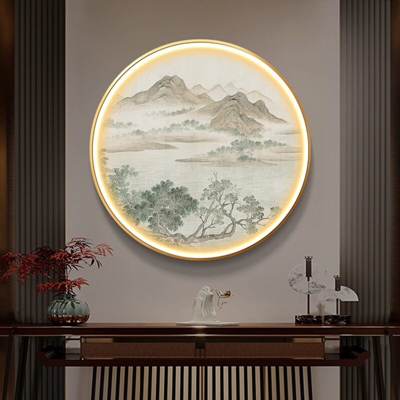 山水新中式禅意风景玄关装饰画发光LED氛围灯画国画书房挂画圆形