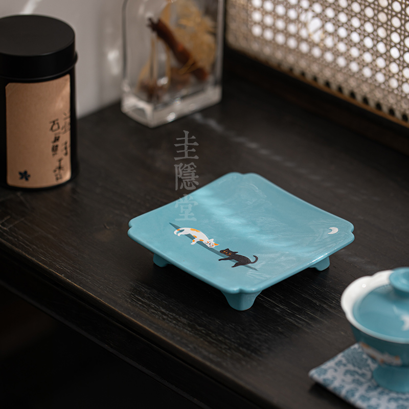 圭隐堂粉引手绘猫咪壶承茶盘家用干泡台茶壶盖碗茶托盘茶点盘茶台
