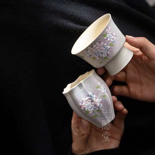圭隐堂手绘绣球花堆雕陶瓷茶杯田园风女士主人杯专用单杯品茗杯子
