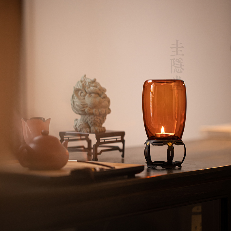圭隐堂梅妃竹古铜蜡烛台玻璃防风灯盏家用禅意茶室氛围灯茶道摆件