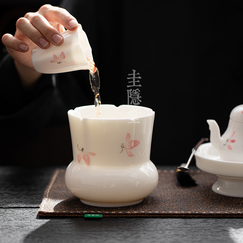 圭隐堂羊脂玉瓷手绘粉兰花建水洗水家用茶洗茶渣缸废水桶茶盂水盂