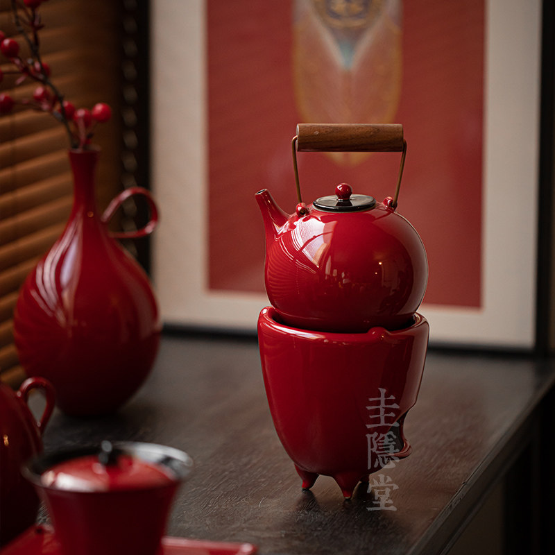 圭隐堂故宫红陶瓷提梁壶家用泡茶壶围炉煮茶壶酒精温茶炉风炉套装
